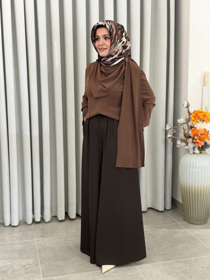 SENTEZ BELİ LASTİKLİ ETEK PANTOLON KAHVE