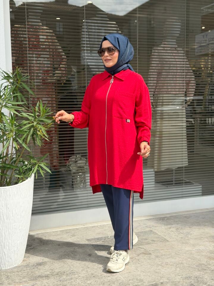 ARMİNE TREND MÜSLİN SPOR PANTALONLU TAKIM KIRMIZI