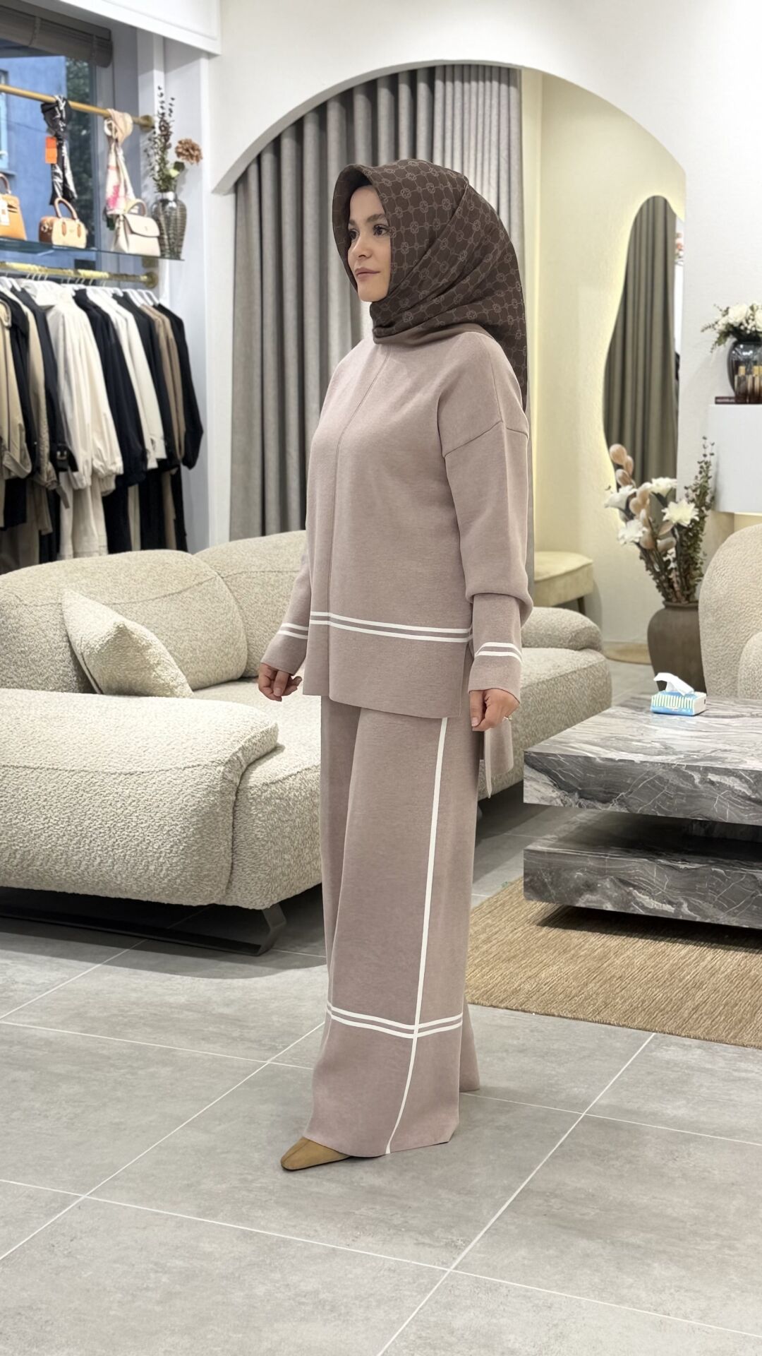 YAQA ÇELİK ÖRME TRİKO PANTOLONLU TAKIM BEJ