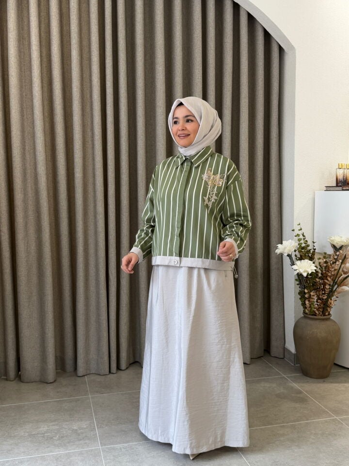 TIĞ TRİKO BONCUK PUL NAKIŞLI ETEKLİ TAKIM YEŞİL