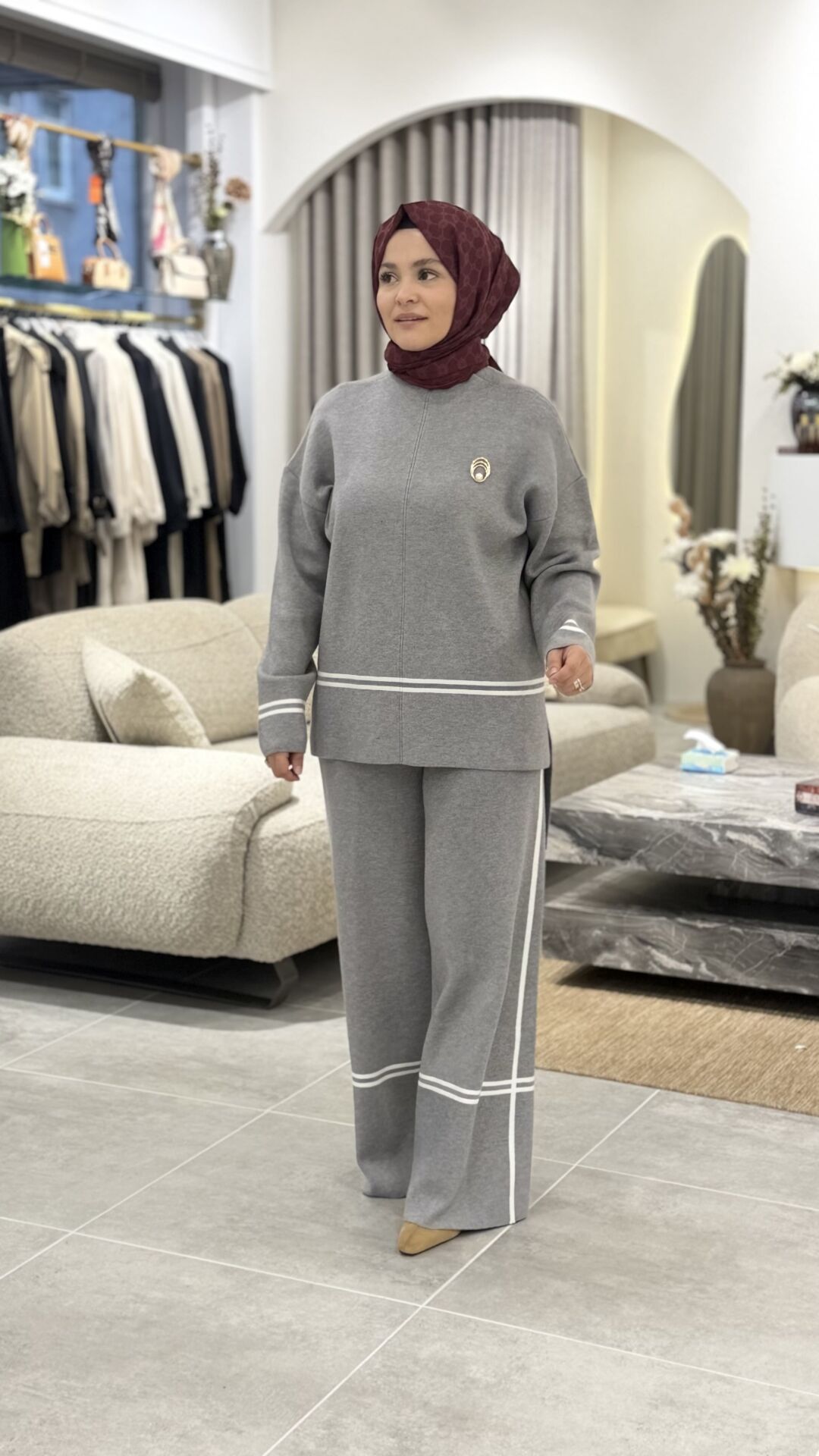 YAQA ÇELİK ÖRME TRİKO PANTOLONLU TAKIM GRİ