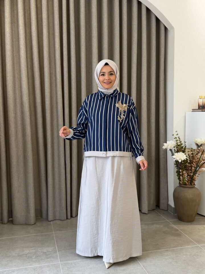 TIĞ TRİKO BONCUK PUL NAKIŞLI ETEKLİ TAKIM LACİVERT