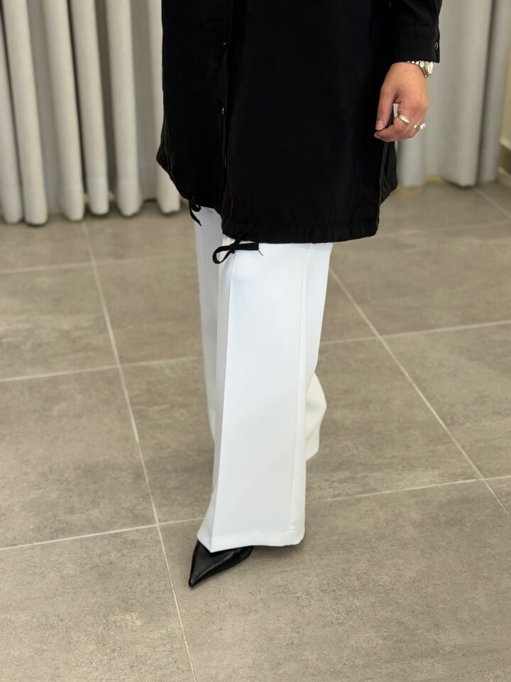 SENTEZ BELİ LASTİKLİ GENİŞ PAÇA PANTOLON BEYAZ