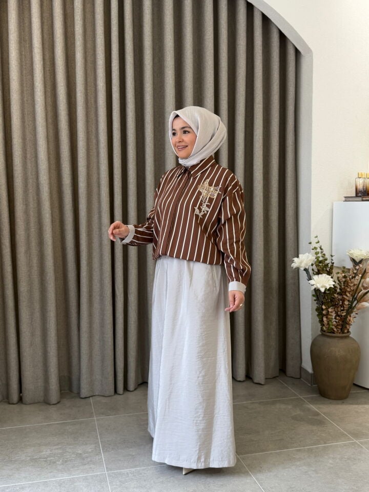 TIĞ TRİKO BONCUK PUL NAKIŞLI ETEKLİ TAKIM KAHVE