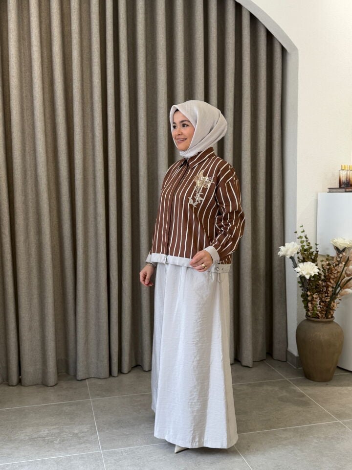 TIĞ TRİKO BONCUK PUL NAKIŞLI ETEKLİ TAKIM KAHVE