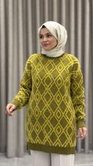 TIĞ TRİKO DESENLİ SIFIR YAKA KAZAK YAĞ YEŞİLİ