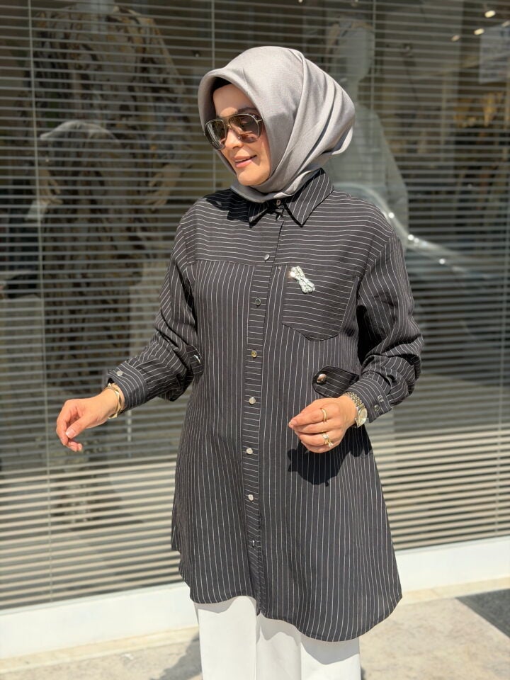 ARMİNE TREND TENCEL ÇİZGİLİ GÖMLEK SİYAH