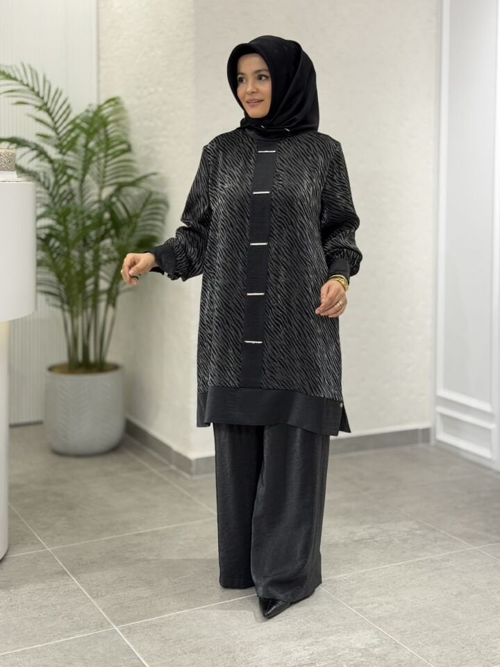 ARMİNE JAKAR TENCEL PANTOLONLU TAKIM SİYAH