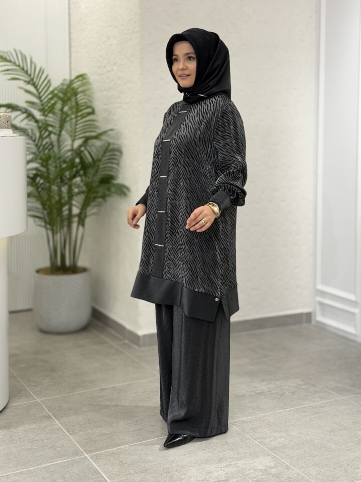 ARMİNE JAKAR TENCEL PANTOLONLU TAKIM SİYAH