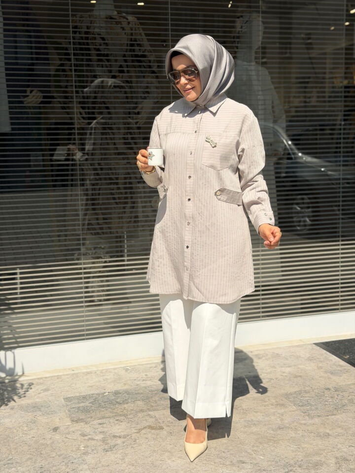 ARMİNE TREND TENCEL ÇİZGİLİ GÖMLEK BEJ