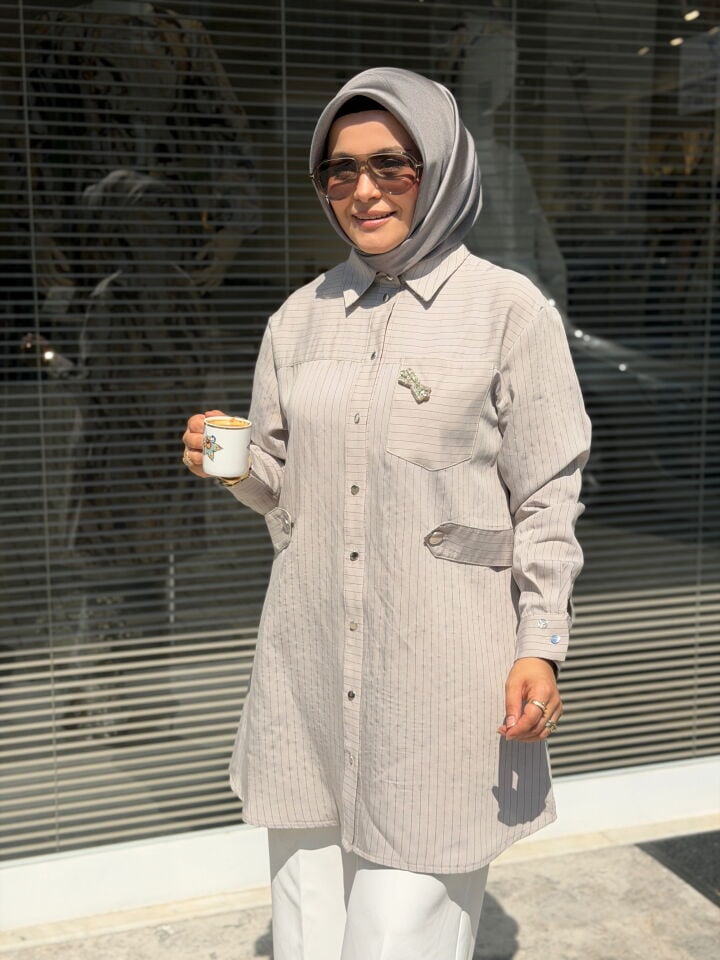 ARMİNE TREND TENCEL ÇİZGİLİ GÖMLEK BEJ