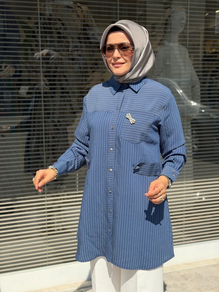 ARMİNE TREND TENCEL ÇİZGİLİ GÖMLEK İNDİGO