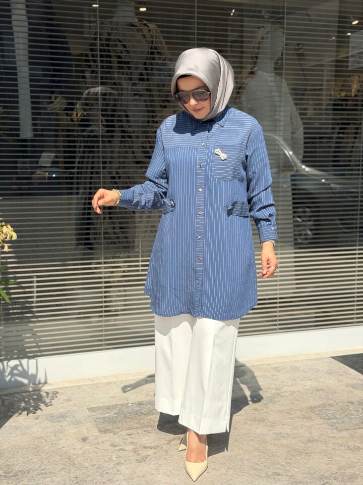 ARMİNE TREND TENCEL ÇİZGİLİ GÖMLEK İNDİGO