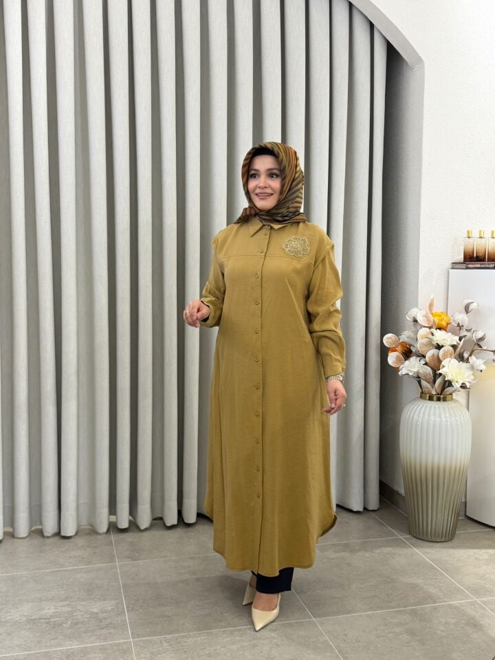 ARMİNE TREND ÇİÇEK İŞLEMELİ TENCEL GÖMLEK YAĞ YEŞİLİ