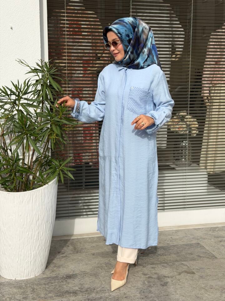 ARMİNE TREND TENCEL KUMAŞ TAM BOY FİLE DETAYLI TUNİK AÇIK MAVİ