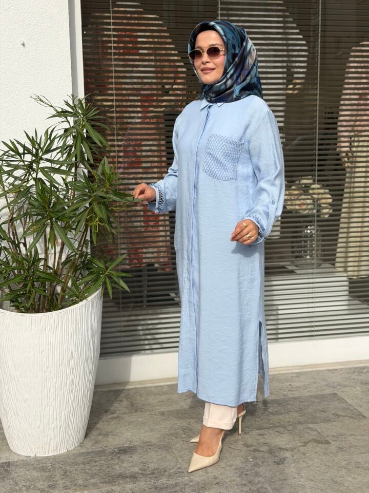 ARMİNE TREND TENCEL KUMAŞ TAM BOY FİLE DETAYLI TUNİK AÇIK MAVİ