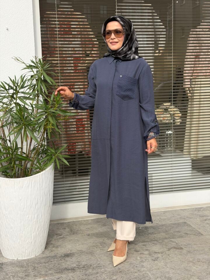 ARMİNE TREND TENCEL KUMAŞ TAM BOY FİLE DETAYLI TUNİK İNDİGO