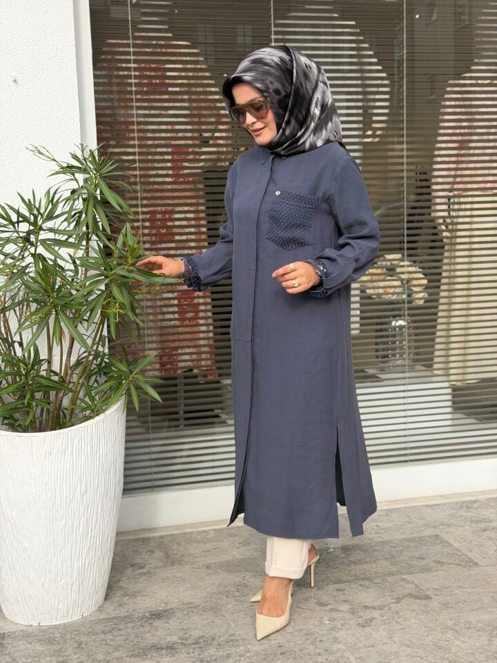ARMİNE TREND TENCEL KUMAŞ TAM BOY FİLE DETAYLI TUNİK İNDİGO