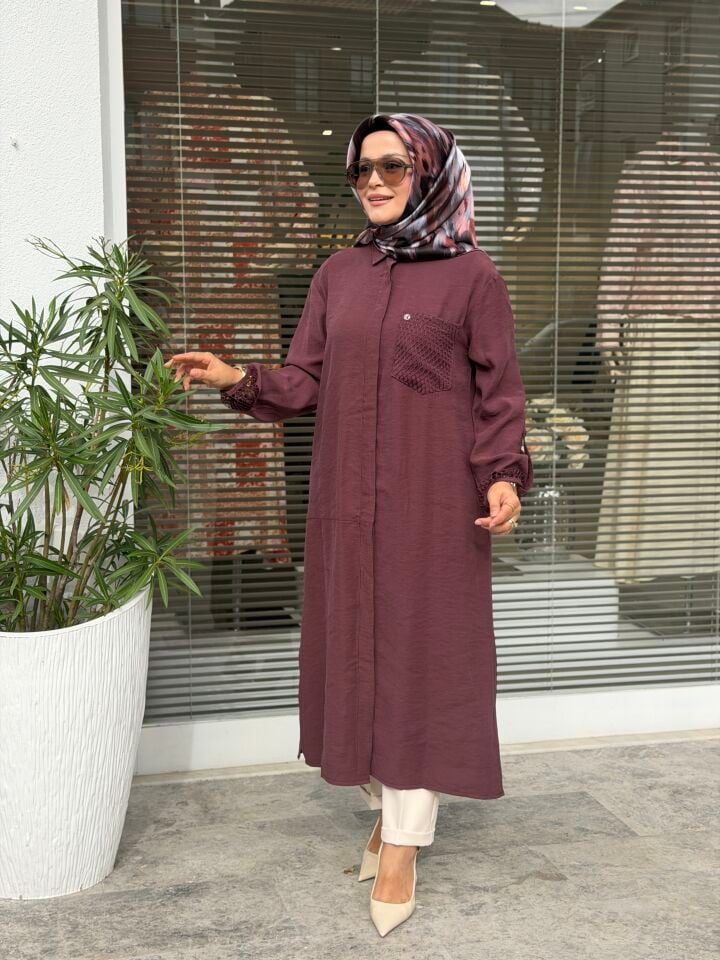 ARMİNE TREND TENCEL KUMAŞ TAM BOY FİLE DETAYLI TUNİK BORDO