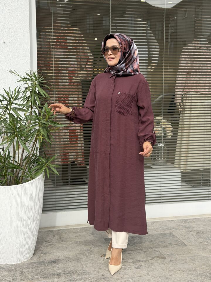 ARMİNE TREND TENCEL KUMAŞ TAM BOY FİLE DETAYLI TUNİK BORDO