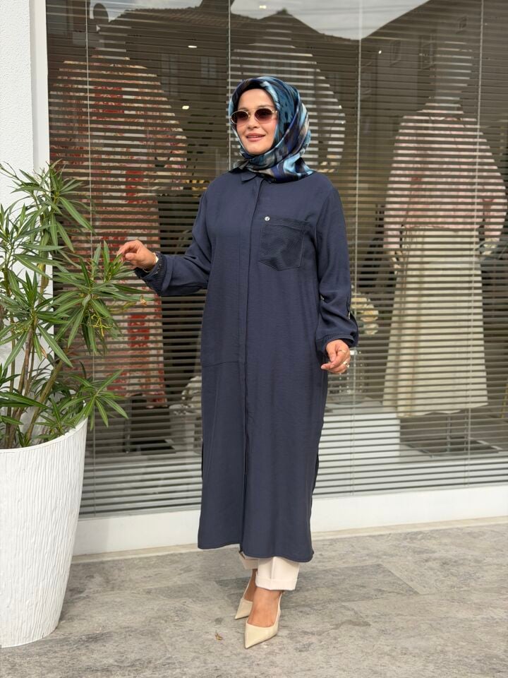 ARMİNE TREND TENCEL KUMAŞ TAM BOY FİLE DETAYLI TUNİK LACİVERT