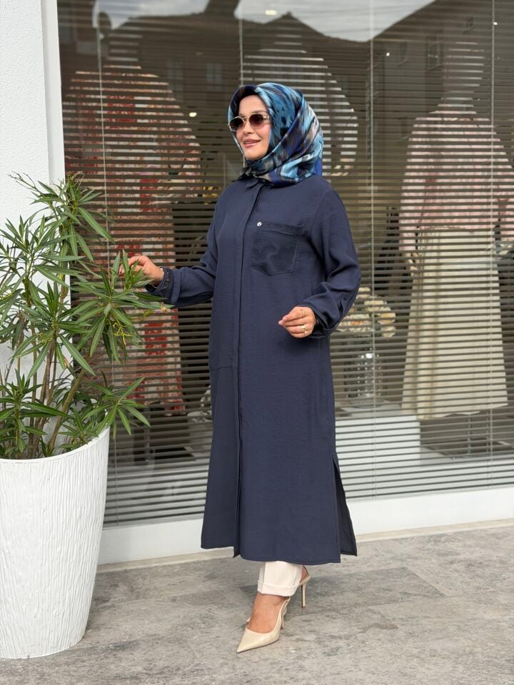 ARMİNE TREND TENCEL KUMAŞ TAM BOY FİLE DETAYLI TUNİK LACİVERT