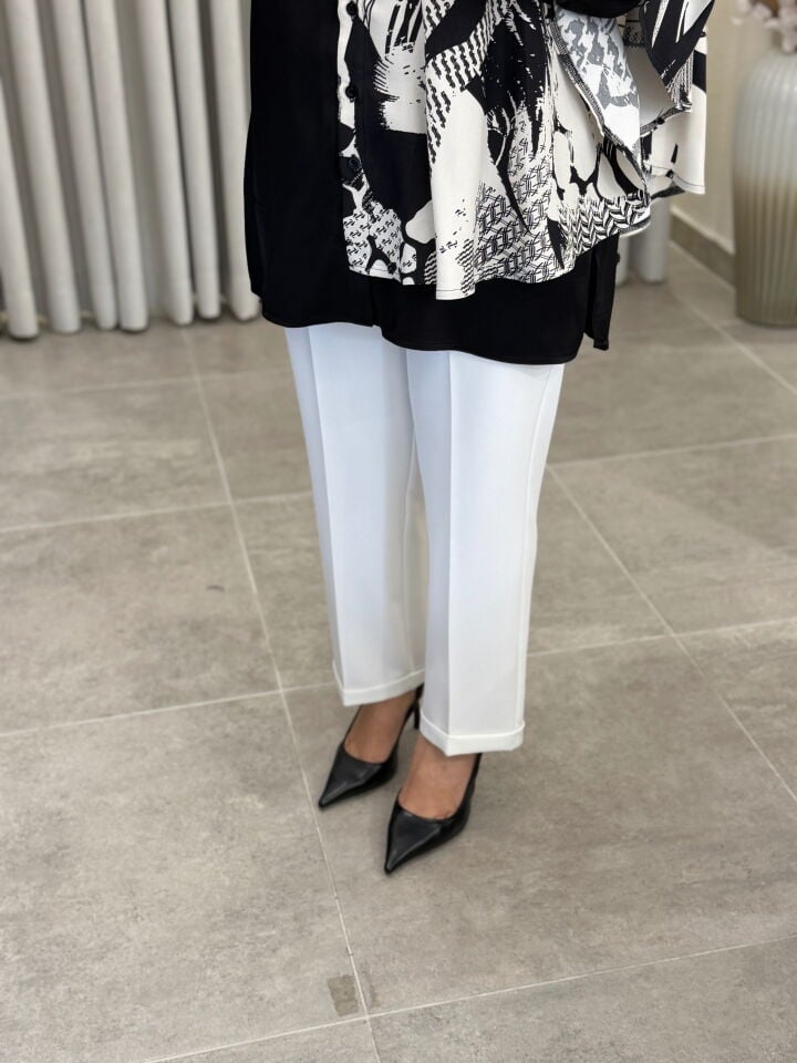 SENTEZ BELİ LASTİKLİ İNCE DUBLE PAÇA PANTOLON BEYAZ