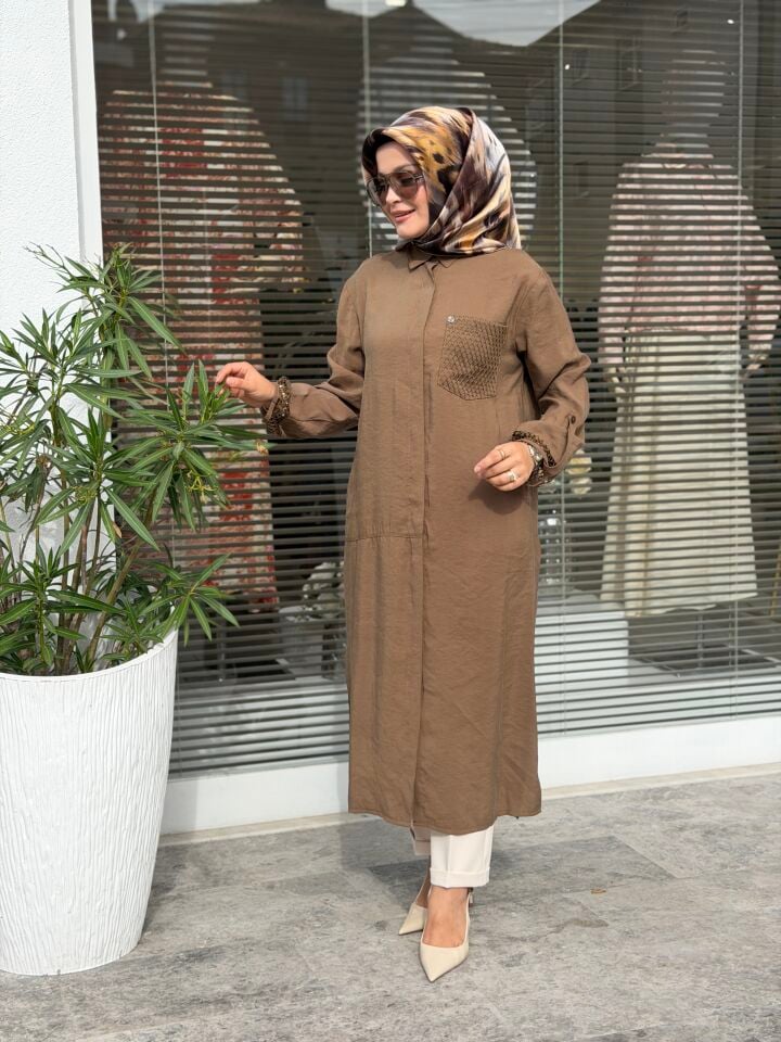 ARMİNE TREND TENCEL KUMAŞ TAM BOY FİLE DETAYLI TUNİK KAHVERENGİ