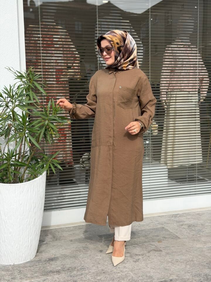 ARMİNE TREND TENCEL KUMAŞ TAM BOY FİLE DETAYLI TUNİK KAHVERENGİ