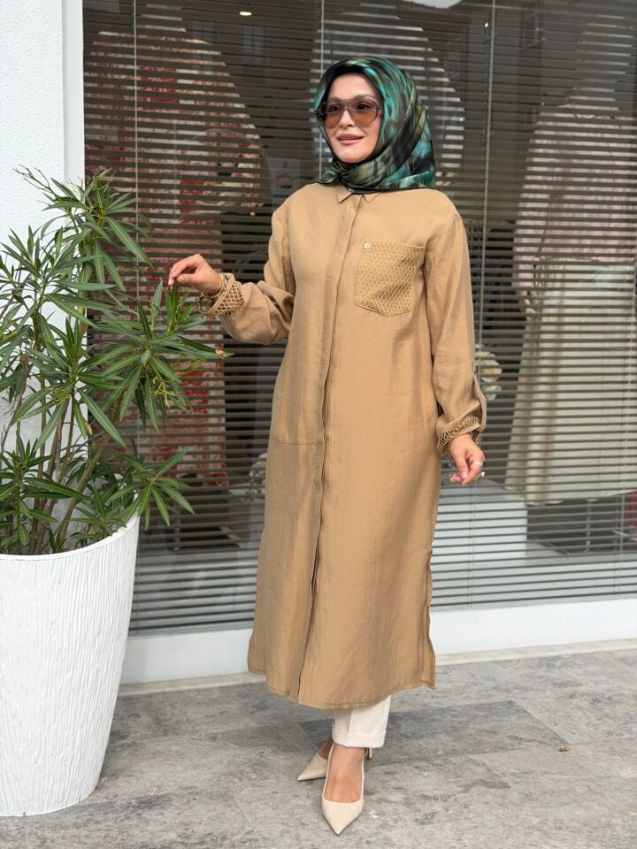 ARMİNE TREND TENCEL KUMAŞ TAM BOY FİLE DETAYLI TUNİK CAMEL
