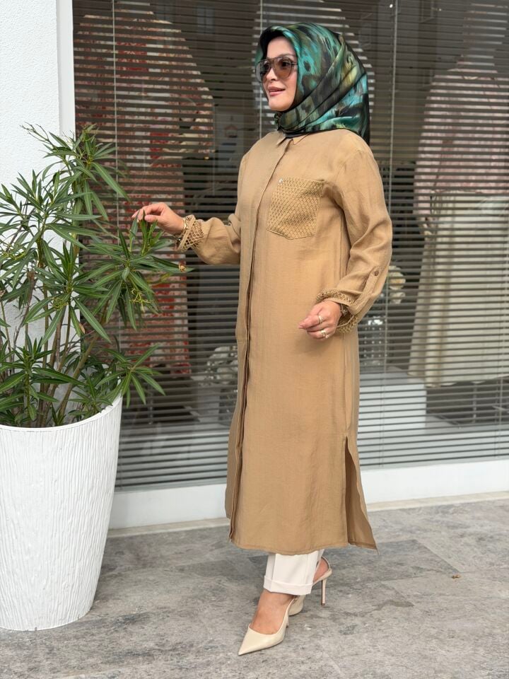ARMİNE TREND TENCEL KUMAŞ TAM BOY FİLE DETAYLI TUNİK CAMEL