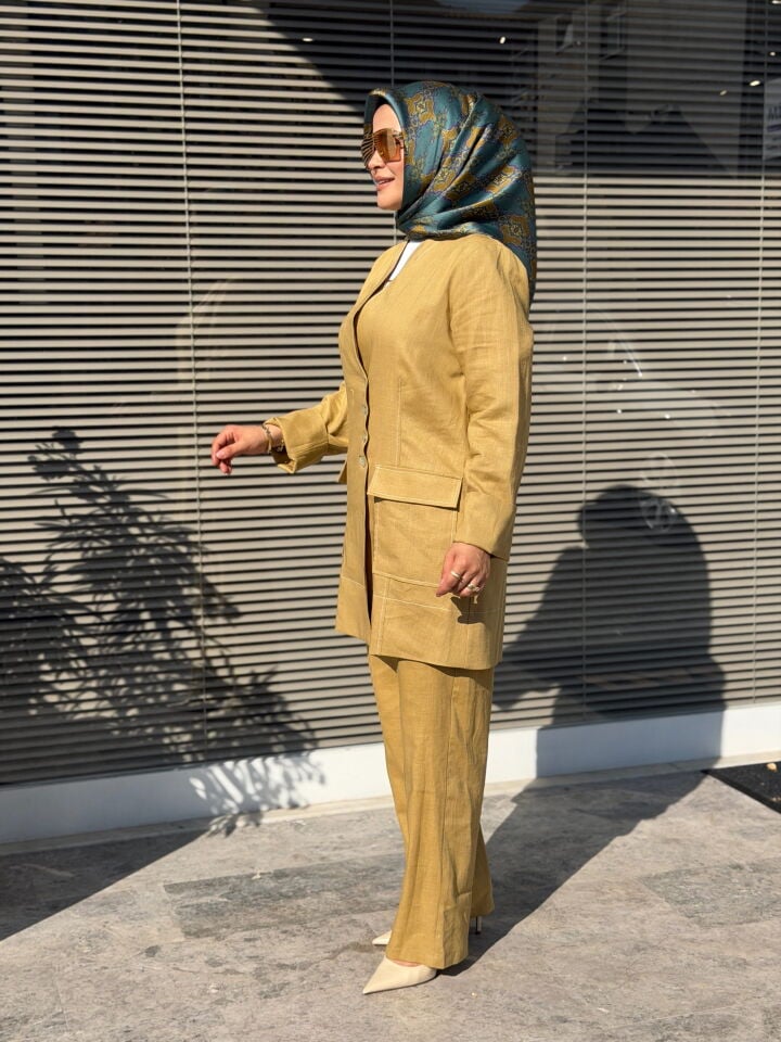 TIĞ TRİKO CEKETLİ PANTOLONLU KETEN TAKIM OLİVE