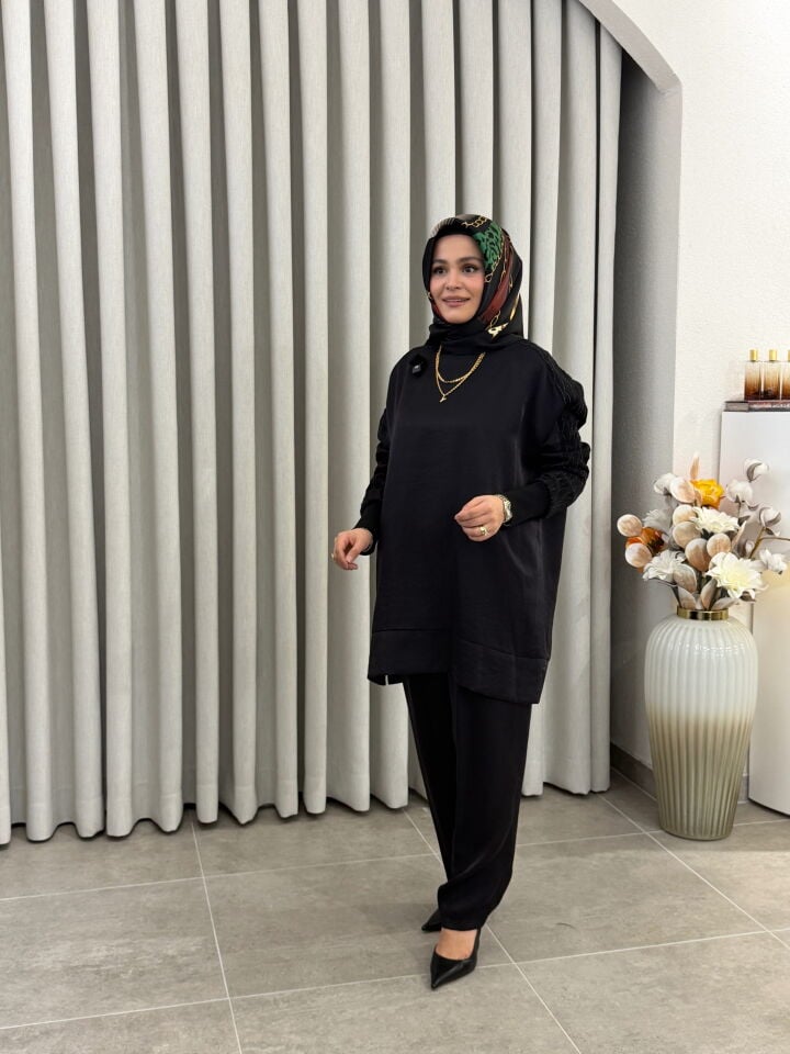 TIĞ TRİKO KOLU SİMLİ BAKLAVA DESENLİ PANTALONLU TAKIM SİYAH