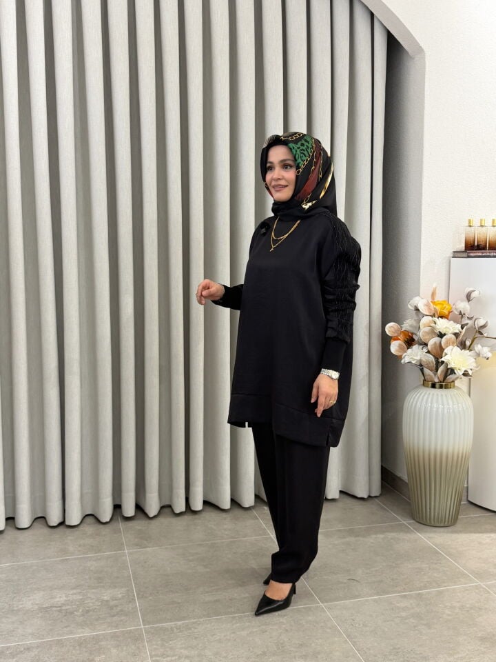 TIĞ TRİKO KOLU SİMLİ BAKLAVA DESENLİ PANTALONLU TAKIM SİYAH