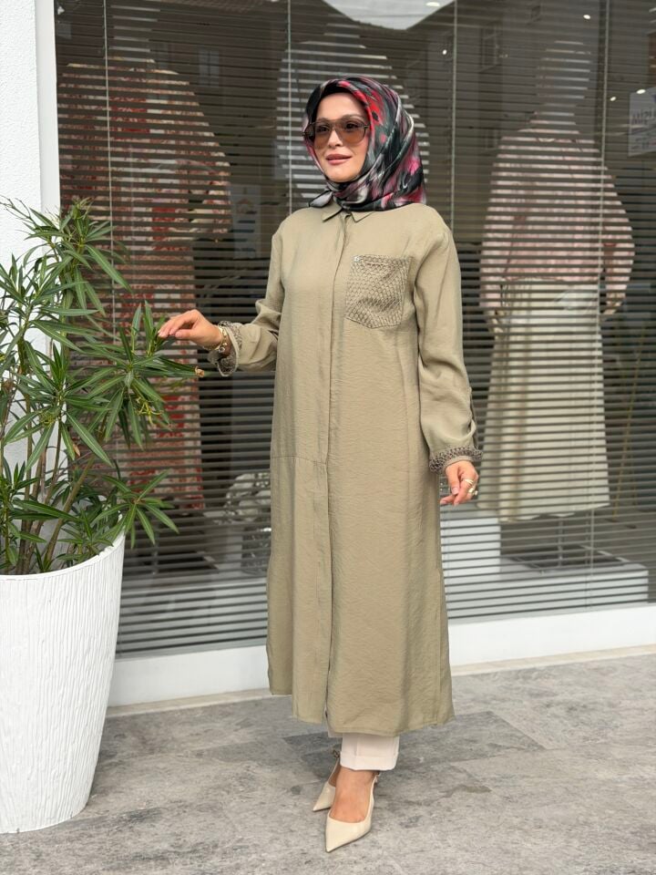 ARMİNE TREND TENCEL KUMAŞ TAM BOY FİLE DETAYLI TUNİK HAKİ