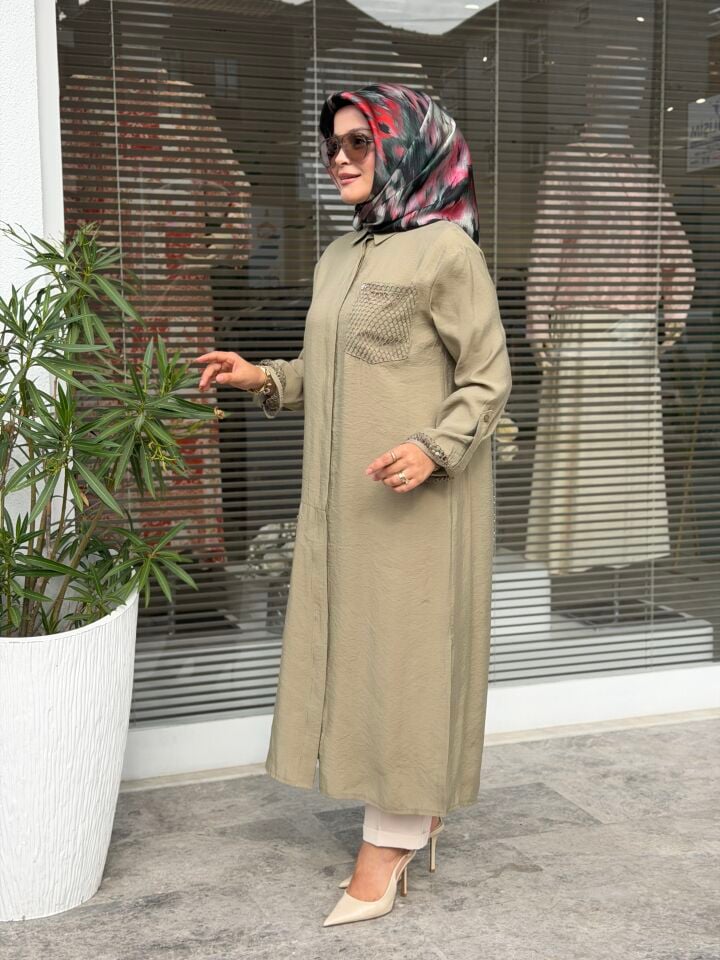 ARMİNE TREND TENCEL KUMAŞ TAM BOY FİLE DETAYLI TUNİK HAKİ