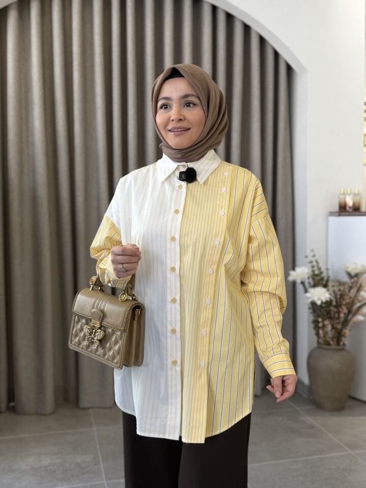 TIĞ TRİKO ÇİZGİLİ ÇİFT SIRA PATLI GÖMLEK SARI