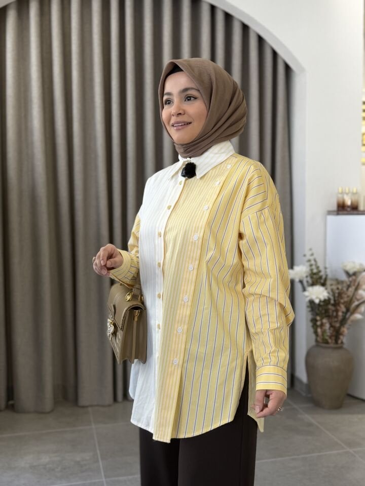 TIĞ TRİKO ÇİZGİLİ ÇİFT SIRA PATLI GÖMLEK SARI