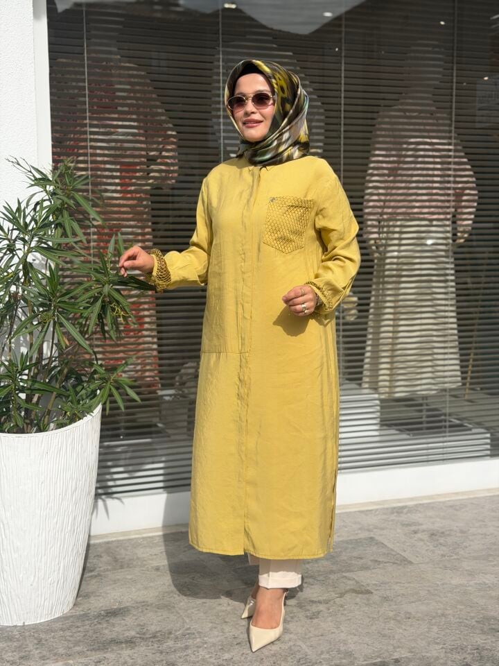 ARMİNE TREND TENCEL KUMAŞ TAM BOY FİLE DETAYLI TUNİK YAĞ YEŞİLİ