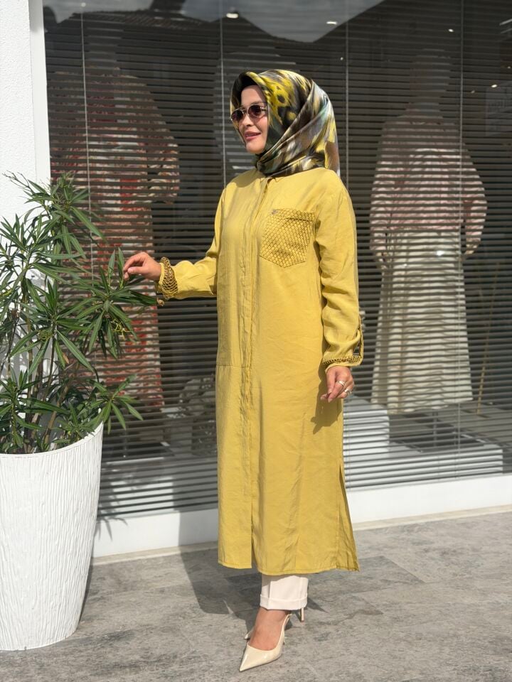 ARMİNE TREND TENCEL KUMAŞ TAM BOY FİLE DETAYLI TUNİK YAĞ YEŞİLİ
