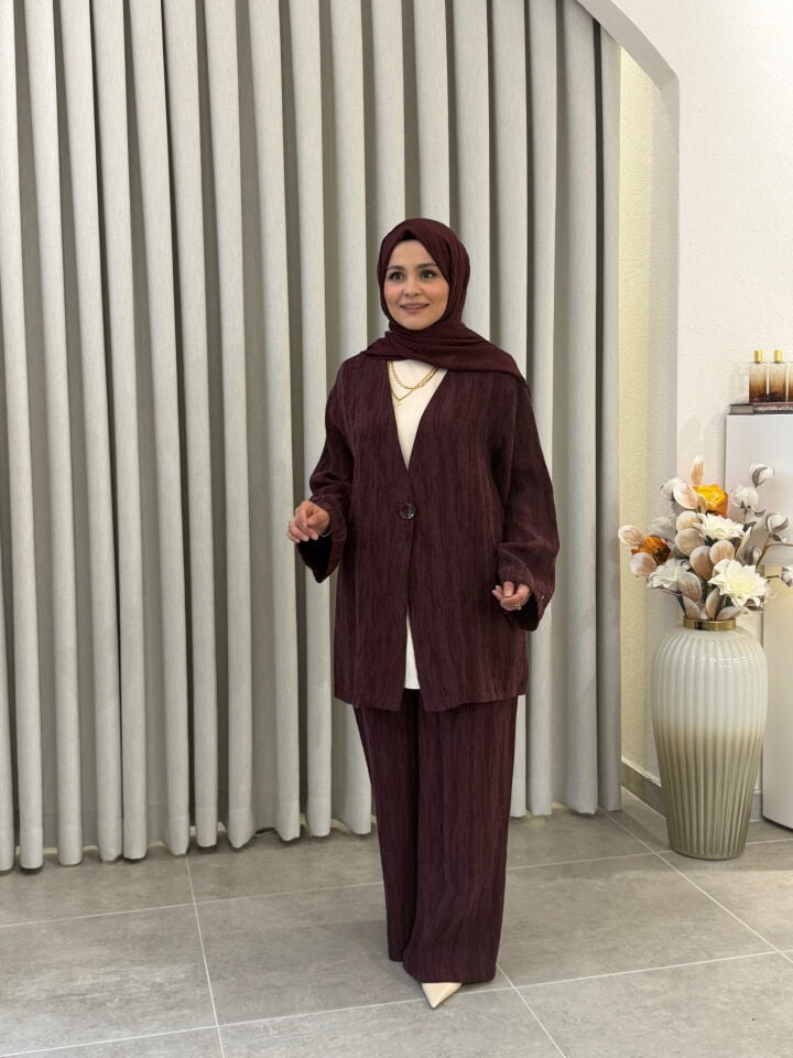 ARMİNE MÜSLİN KUMAŞ CEKETLİ PANTOLONLU TAKIM MÜRDÜM