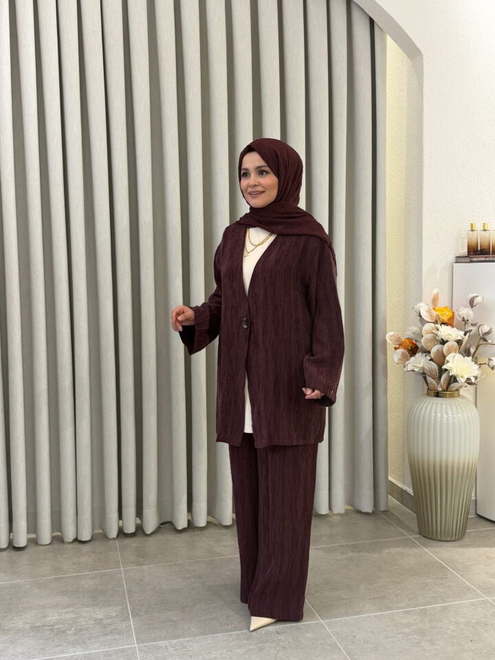 ARMİNE MÜSLİN KUMAŞ CEKETLİ PANTOLONLU TAKIM MÜRDÜM