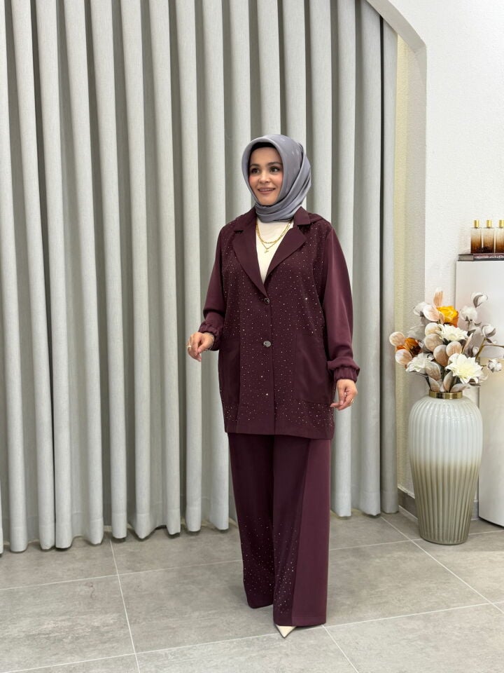 TIĞ TRİKO TAŞLI TENCEL OYSHO KUMAŞ KOMBİNLİ TAKIM BORDO