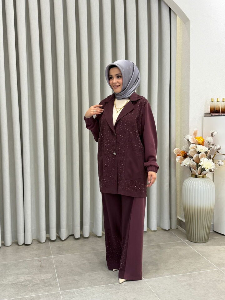 TIĞ TRİKO TAŞLI TENCEL OYSHO KUMAŞ KOMBİNLİ TAKIM BORDO