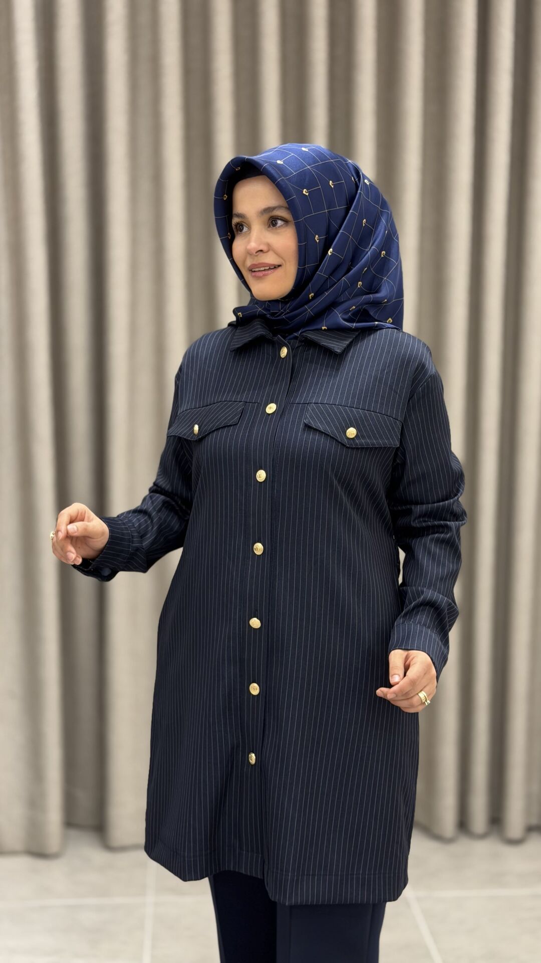 ARMİNE TREND ÇİZGİLİ CEKET LACİVERT