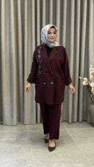 TIĞ TRİKO CUPRA TAŞLI CEKETLİ TAKIM BORDO