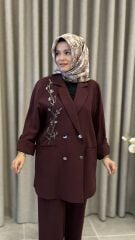 TIĞ TRİKO CUPRA TAŞLI CEKETLİ TAKIM BORDO