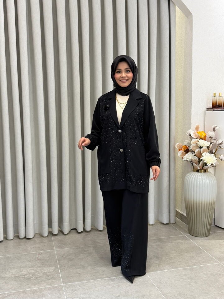 TIĞ TRİKO TAŞLI TENCEL OYSHO KUMAŞ KOMBİNLİ TAKIM SİYAH