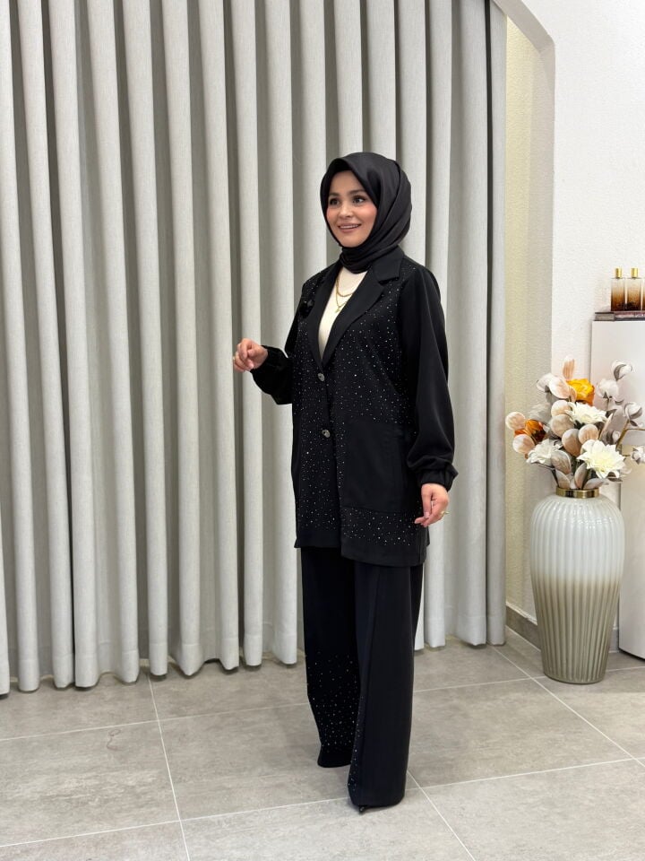 TIĞ TRİKO TAŞLI TENCEL OYSHO KUMAŞ KOMBİNLİ TAKIM SİYAH