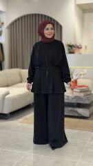 TIĞ TRİKO OYSHO KUMAŞ PİLE DETAYLI CEKET TAKIM SİYAH